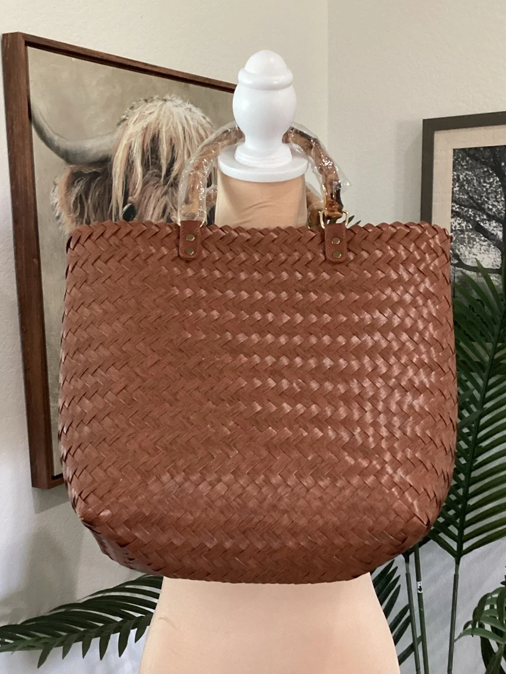 Woven Brown Tote with Dachshund Patch